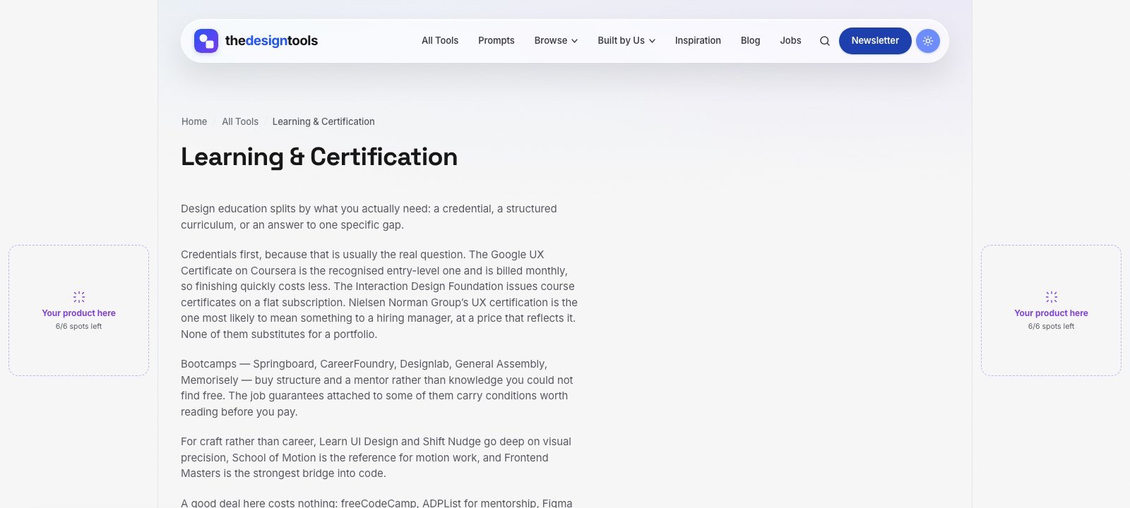 The Learning & Certification discipline page on The Design Tools with sponsor slots in the side rails
