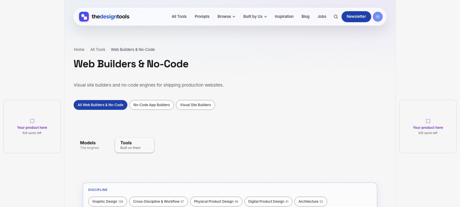 The Web Builders &amp; No-Code discipline page on The Design Tools with sponsor slots in the side rails