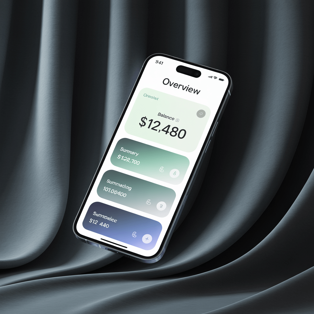 Glassmorphic bento-grid layout with mint and indigo gradient cards — a leading 2026 fintech dashboard design trend.