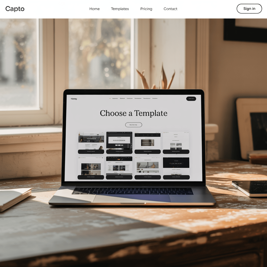 A grid of website template thumbnails on a laptop — the template-first starting point for most no-code builds.