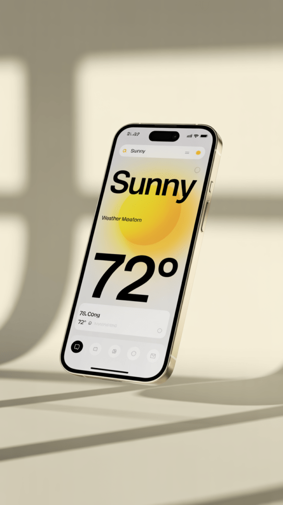 A soft, sunny weather screen on a real iPhone mockup — minimal single-purpose apps as a 2026 UI trend.