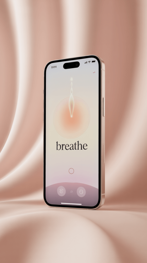 A breathing-circle meditation screen in soft pink — wellness apps leaning into calm, minimal visual language.
