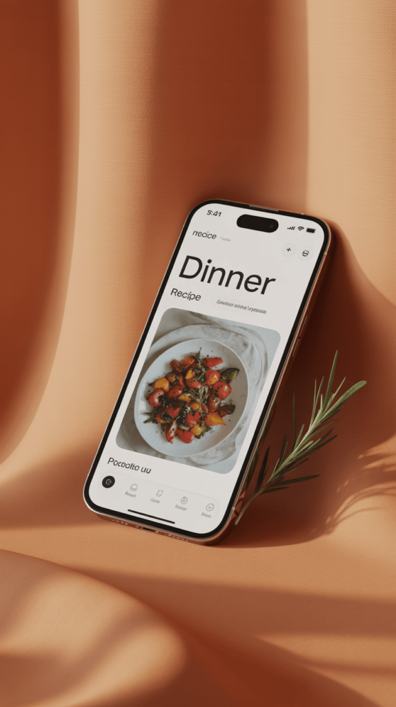 One big food photo, one word — recipe apps trading feature lists for editorial-style visual hierarchy.