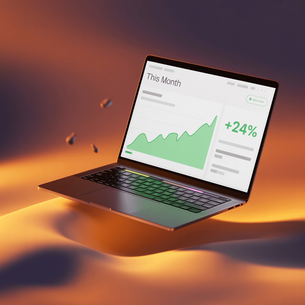 A warm-toned analytics dashboard with a bold upward growth chart — data visualization designed to feel optimistic.