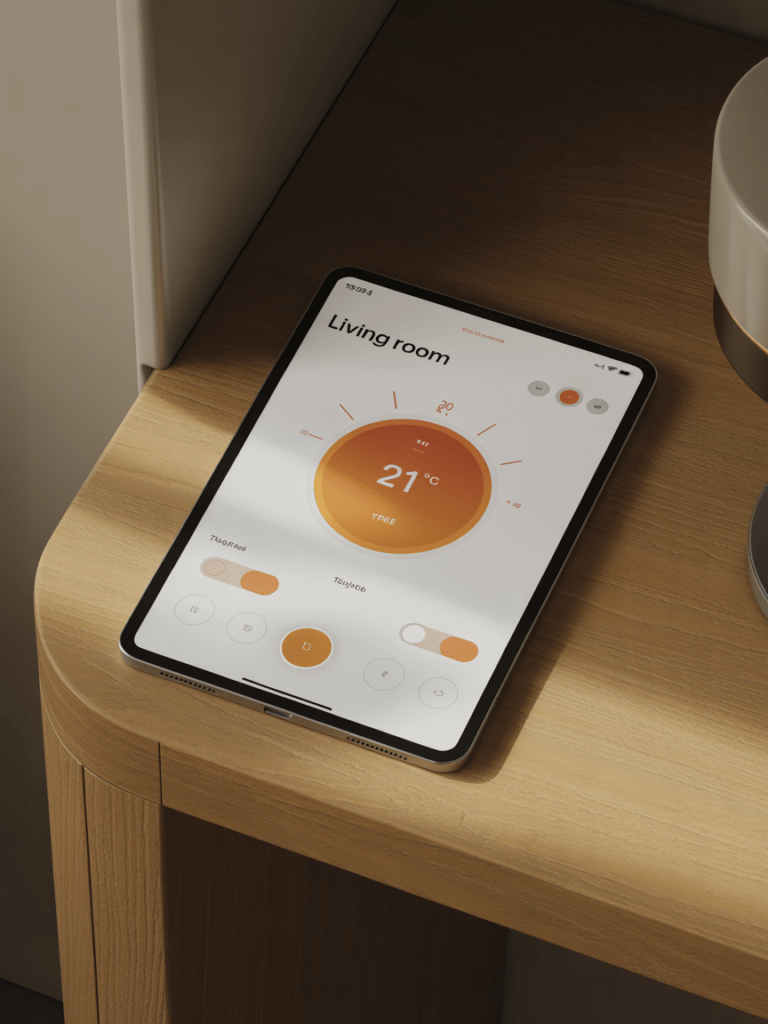 A room-temperature dial and light controls on a warm amber smart-home app — ambient-control UI as a fast-growing app category.