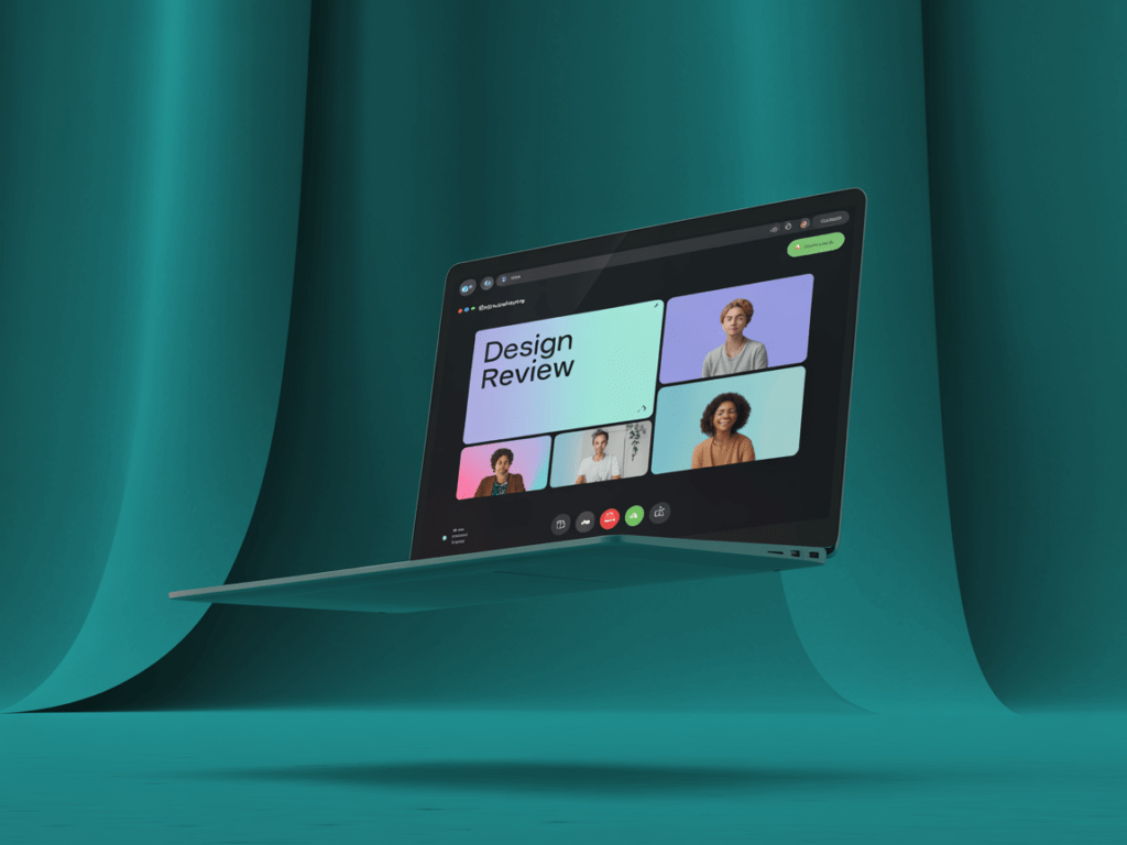 A four-tile design-review video call UI — remote collaboration tooling as permanent, not pandemic-era, software.