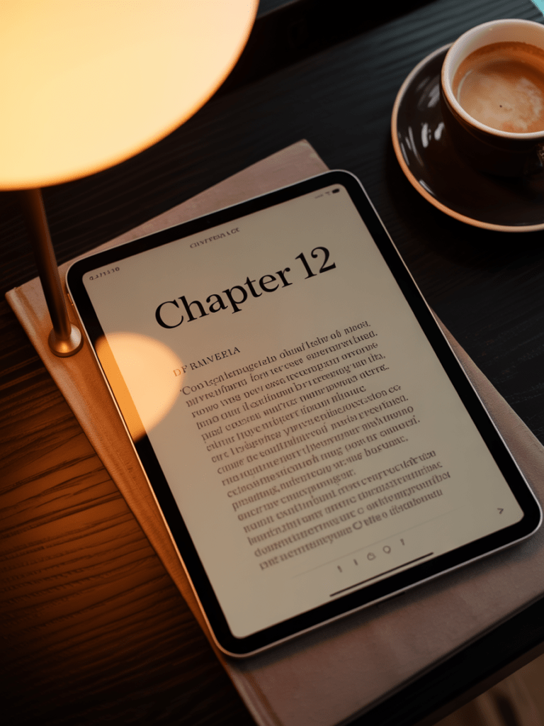A warm sepia-toned reading screen with elegant serif type — e-reader apps borrowing print's typographic calm.