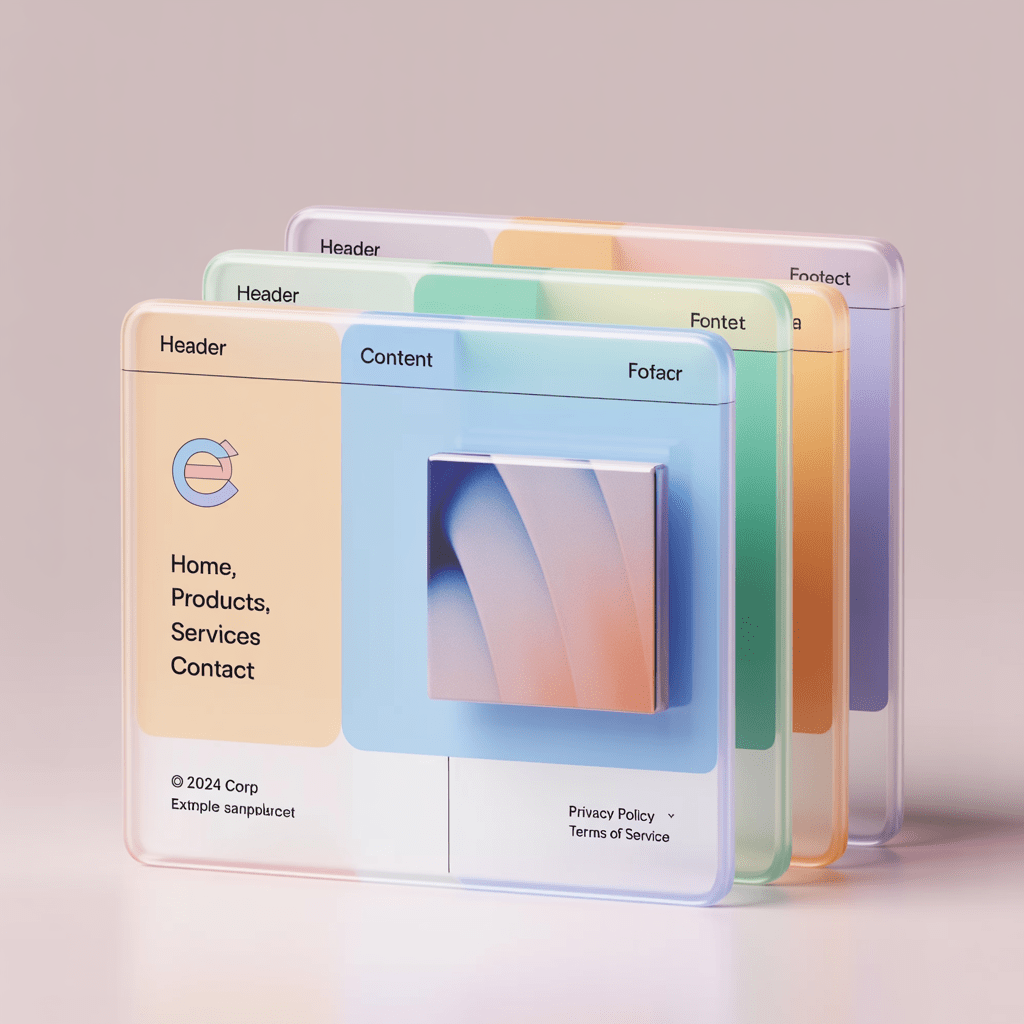 Header, content, and footer blocks stacking into a page — the modular-block mental model behind page builders.