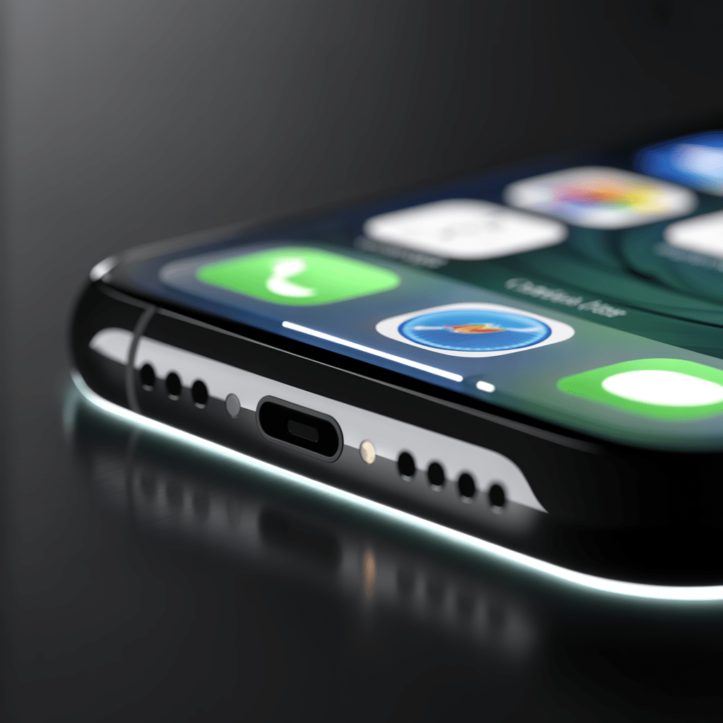 A macro shot of the Dynamic Island above blurred app icons — the hardware detail every iOS UI designer works around now.