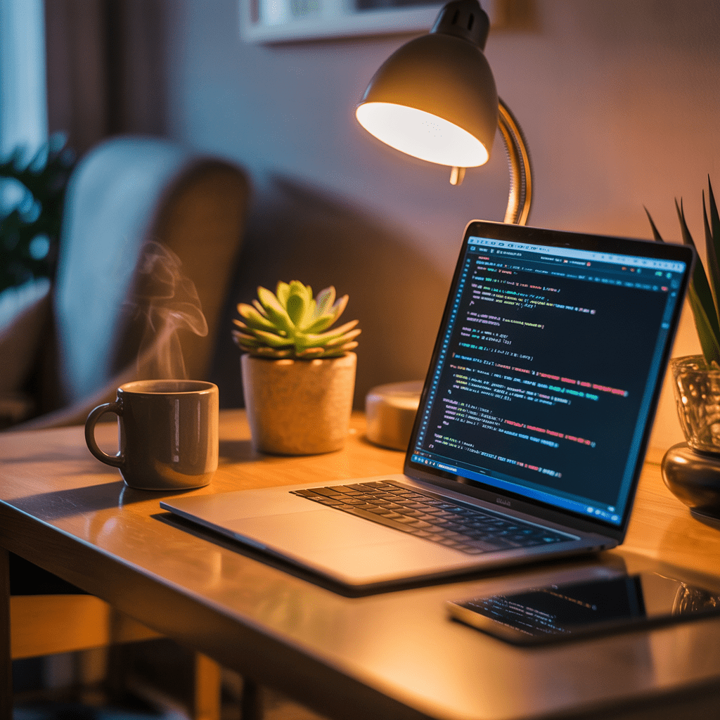 A single warm desk lamp over an AI-assisted coding session — the intimate, late-night side of vibe coding.