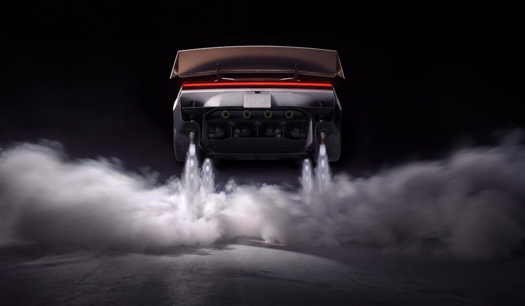2026 Tesla Roadster lifting off with SpaceX cold-gas thrusters firing and smoke billowing underneath